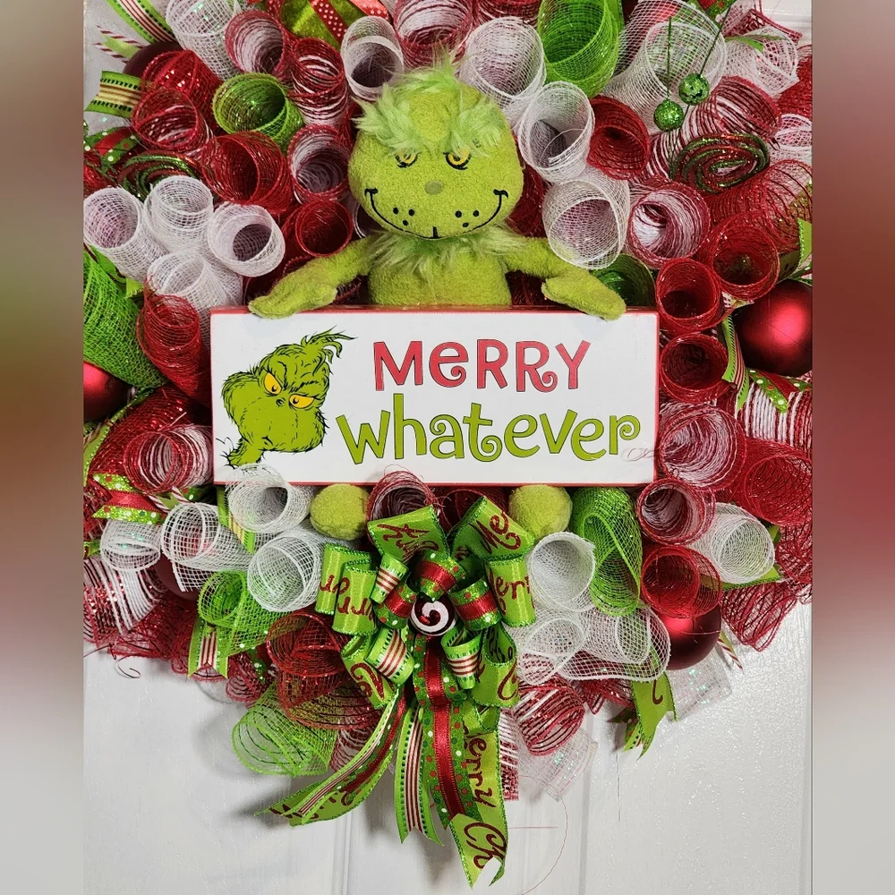 Festive GRINCH Holiday Christmas Wreath - Red, Green, White
